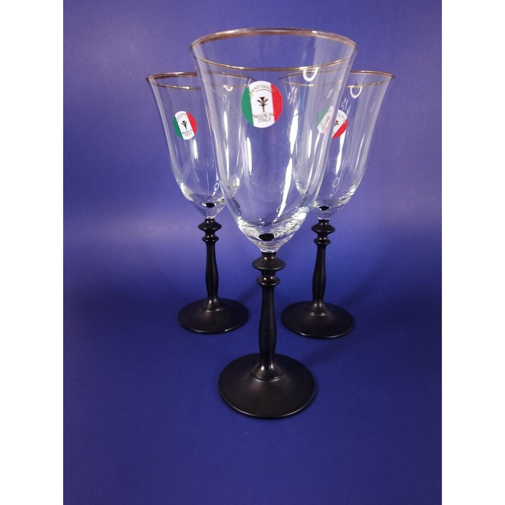 Lot of 3 Italian Wine Glasses Black Stem Gold Rim Hand‎ Made Italy 8.5"